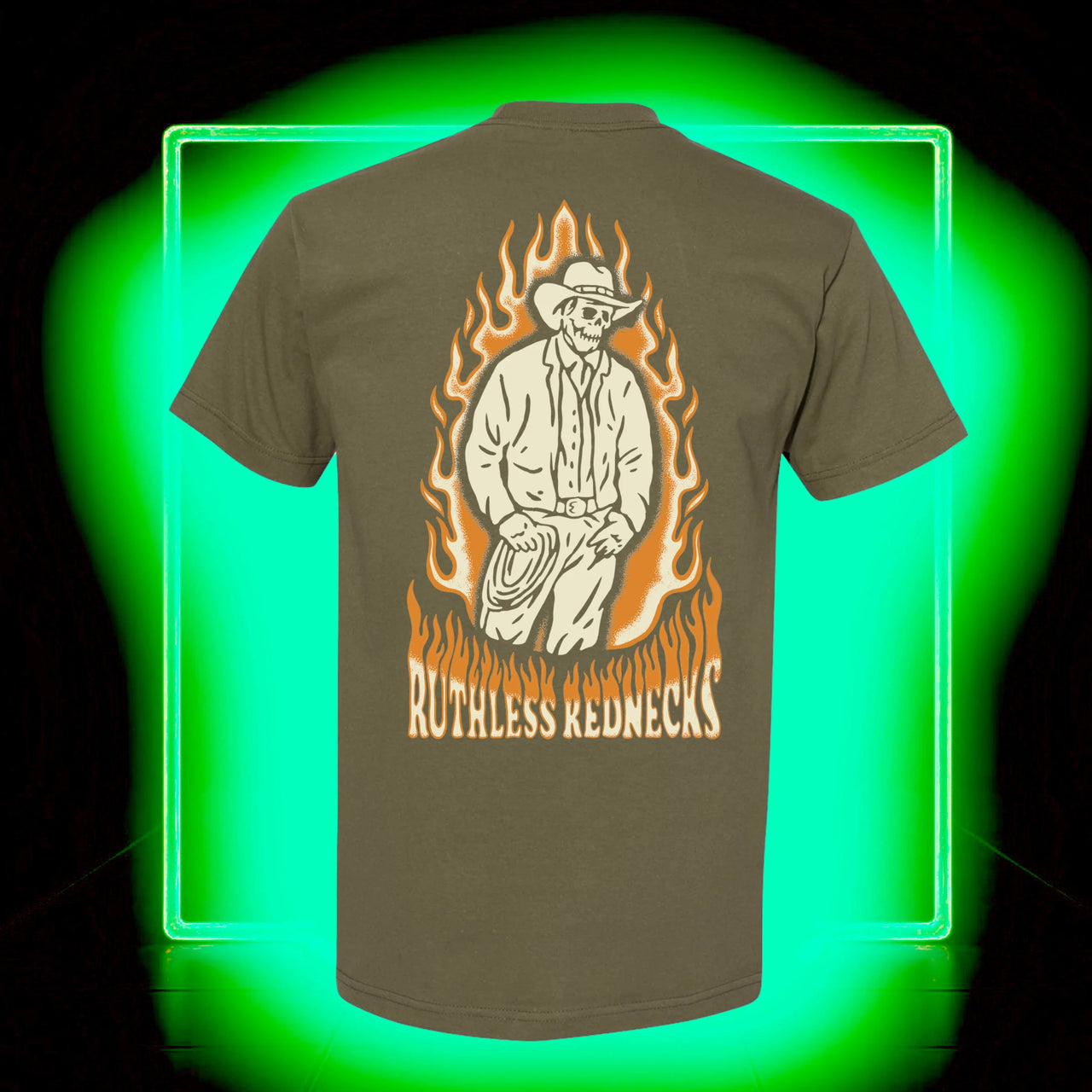 Ruthless Rednecks Fireball Short Sleeve Tee Shirt- Army Green