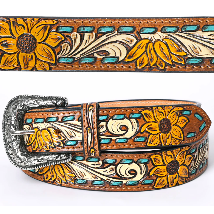American Darling Sunflower Tooled with Teal Whipstitch and Silver Buckle Belt - Brown