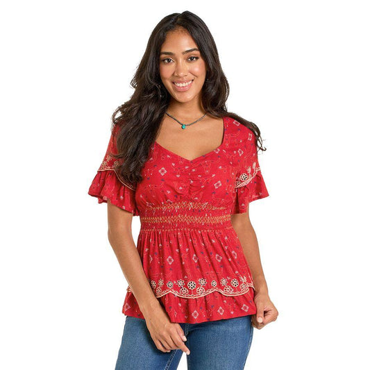 Panhandle Women's Slim Challis Blouse- Red