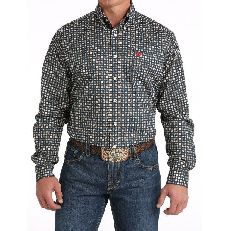 Cinch Men's Long Sleeve Geometric Button Down Western Shirt- Navy