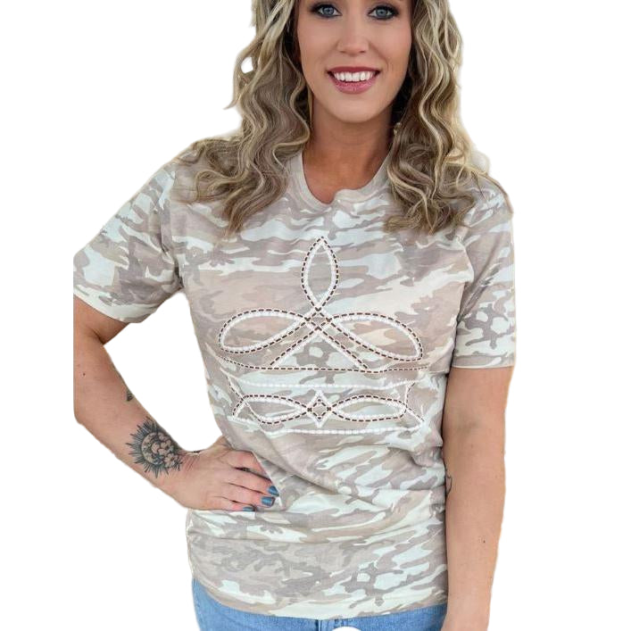 Sterling Kreek Women's Short Sleeve Camo Sands Tee Shirt- Tan