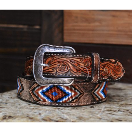 3D Men's 1 1/2" Floral L Tab Trianglular Beaded Pattern Belt- Brown