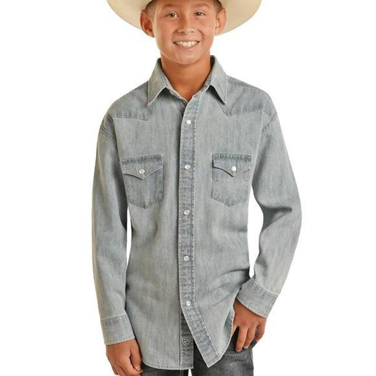 Rock & Roll Boy's Denim Long Sleeve Shirt- Light Denim