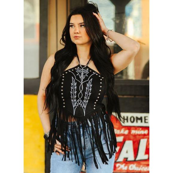 Lucky & Blessed Women's  Suede Halter Fringed Top- Black
