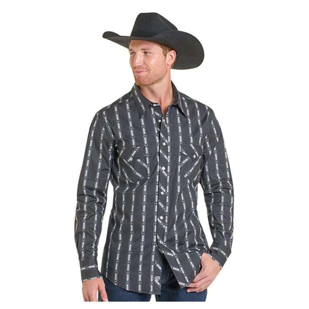 Rock & Roll Men's Long Sleeve Printed Stripe Snap Shirt -Black