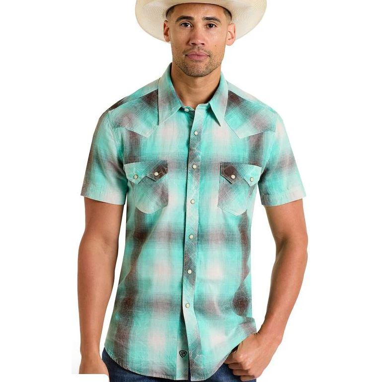 Rock & Roll Men's Short Sleeve Double Plaid Snap Shirt- Turquoise