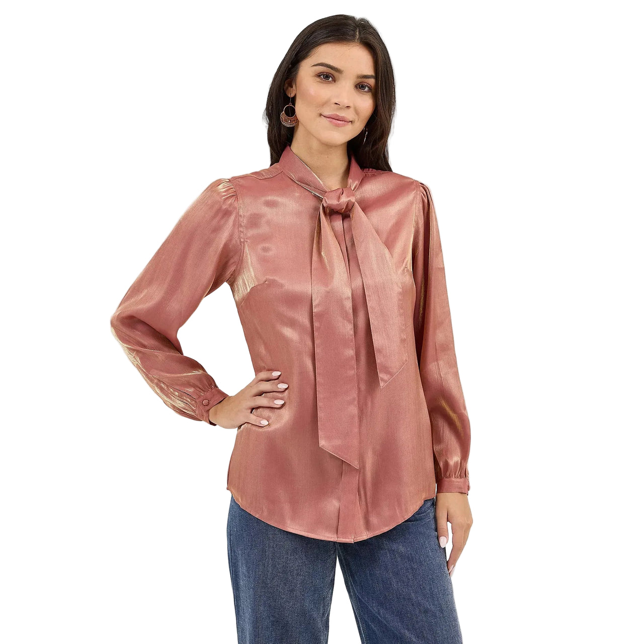 Wrangler Women's Long Sleeve Neck Tie Shimmer Shirt- Rose Gold