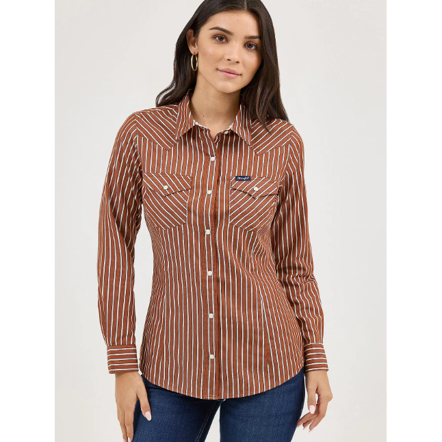 Wrangler Women's Long Sleeve All Occasion Snap Shirt- Rusty Stripe