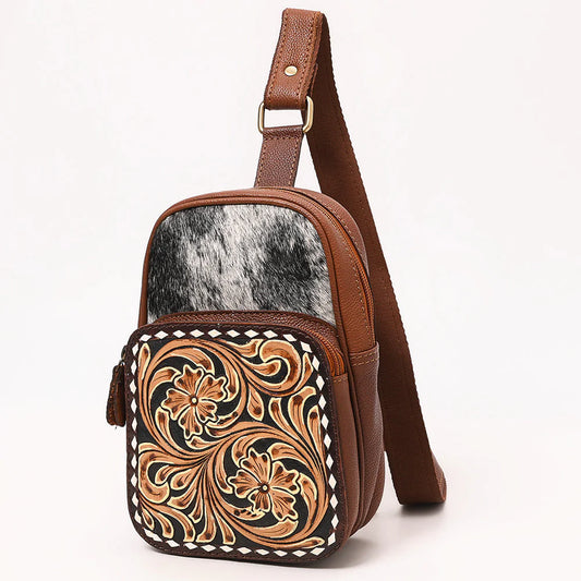 American Darling Tooled Leather & Cowhide Sling Bag with Floral Print Pocket