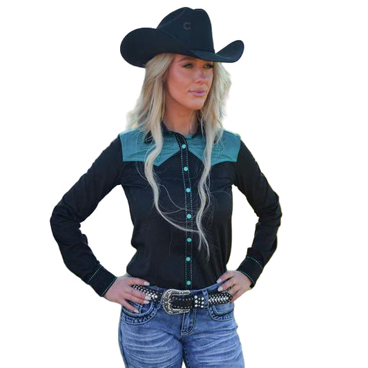 Cowgirl Tuff  Button Up Western Shirt with Turquoise Accents- Black