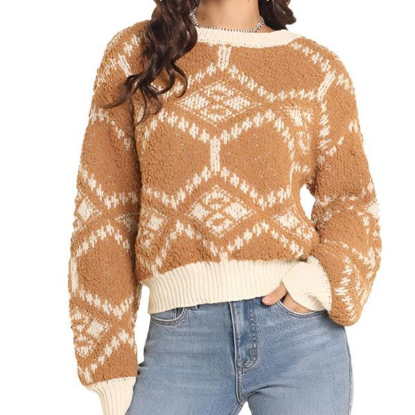 Rock & Roll Women's Long Sleeve Tonal Chenille Aztec Sweater - Camel