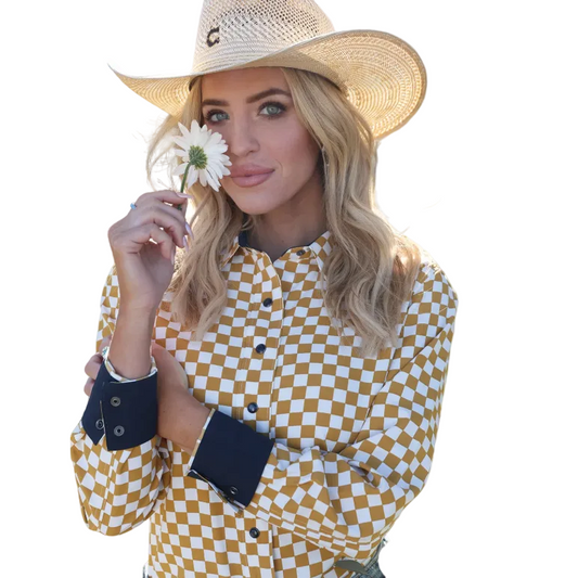 Cinch Women's Long Sleeve Golden Checkered Western Shirt - Gold