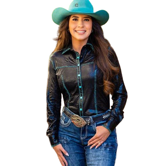 Cowgirl Tuff  Women's Long Sleeve Faux Leather Pullover Button Up Shirt- Black