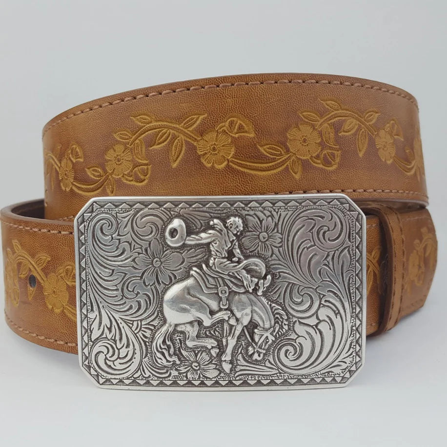 Axesoria West Unisex Rodeo Buckle with Vintage Floral Tooled Belt- Tan