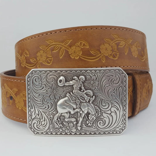 Axesoria West Unisex Rodeo Buckle with Vintage Floral Tooled Belt- Tan