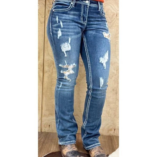 Grace in LA Women's Easy Fit Distressed Sequin Boot Cut Jeans