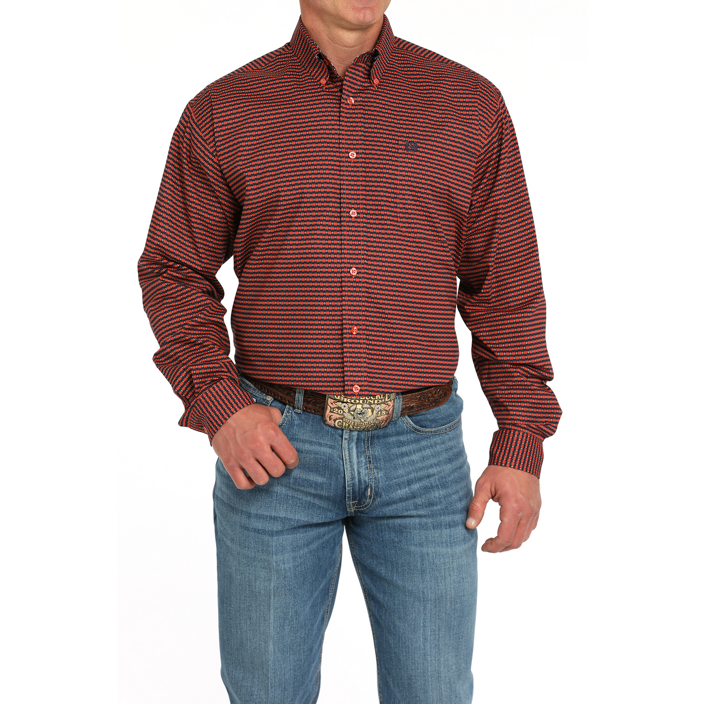 Cinch Men's Long Sleeve Print Shirt-Red