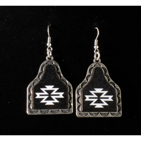 Silver Strike Women's Cow Tag Dangle Earrings- Black