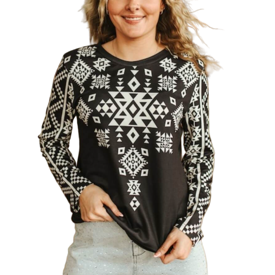 Lucky & Blessed Women's Aztec Printed Long Sleeve Shirt- Black