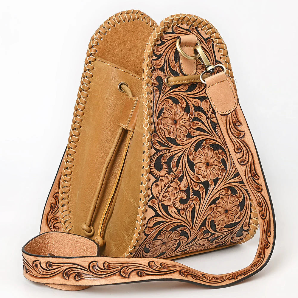American Darling Tooled Leather Floral Hand Carved Crossbody Sling Bag