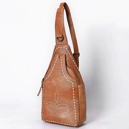 American Darling Leather Crossbody Sling Bag with White Stitching- Brown - Irvine Tack & Western Wear