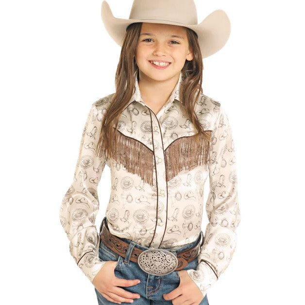 Rock & Roll Girl's Conversational Long Sleeve Snap Shirt - Natural