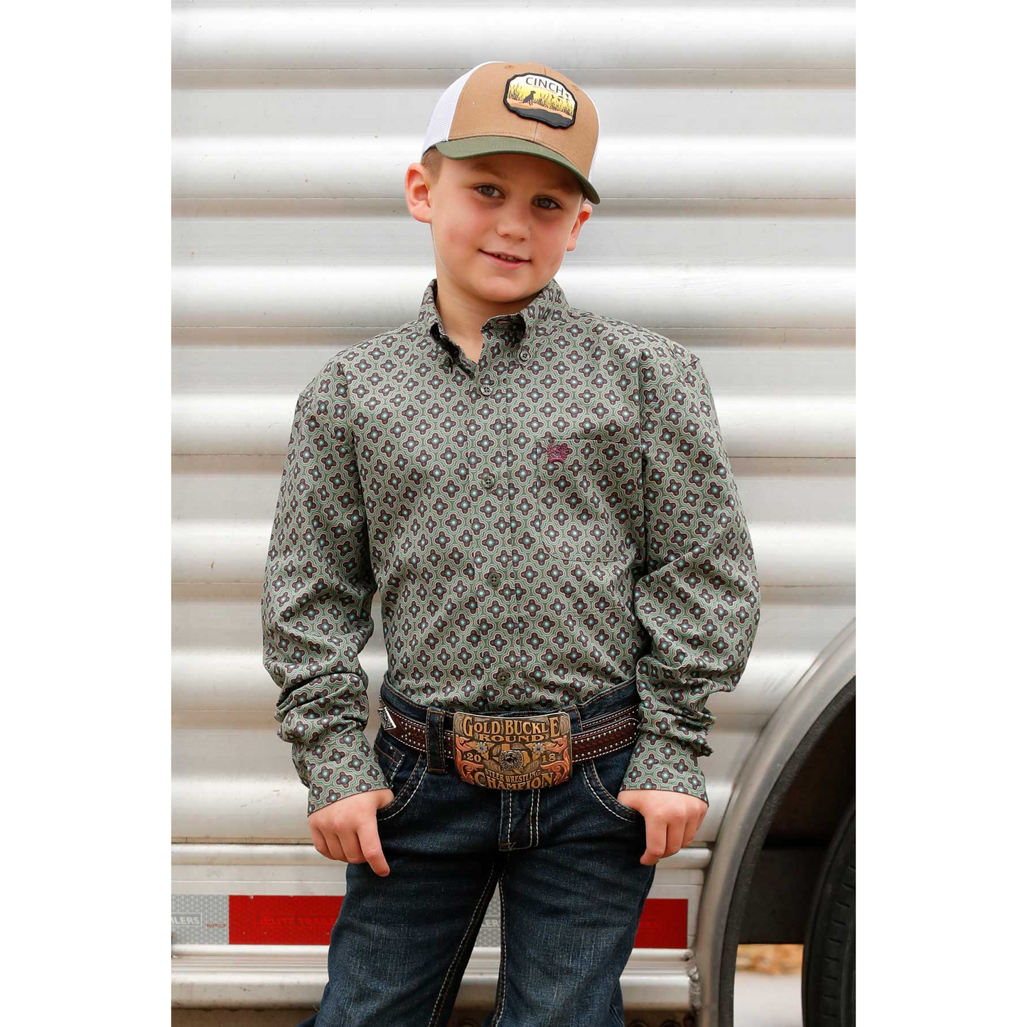 Cinch Boy's Long Sleeve Print Shirt- Olive