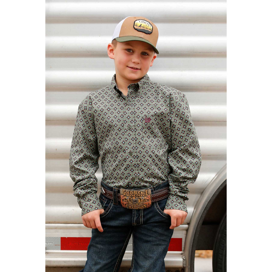 Cinch Boy's Long Sleeve Print Shirt- Olive