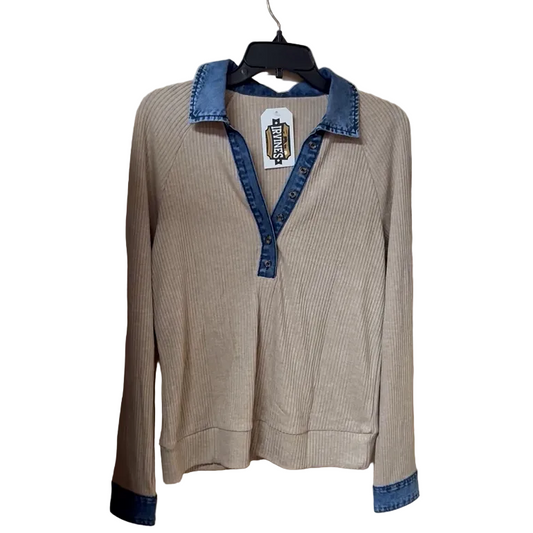 66 Disco Women's V Neck Collared Shirt- Beige