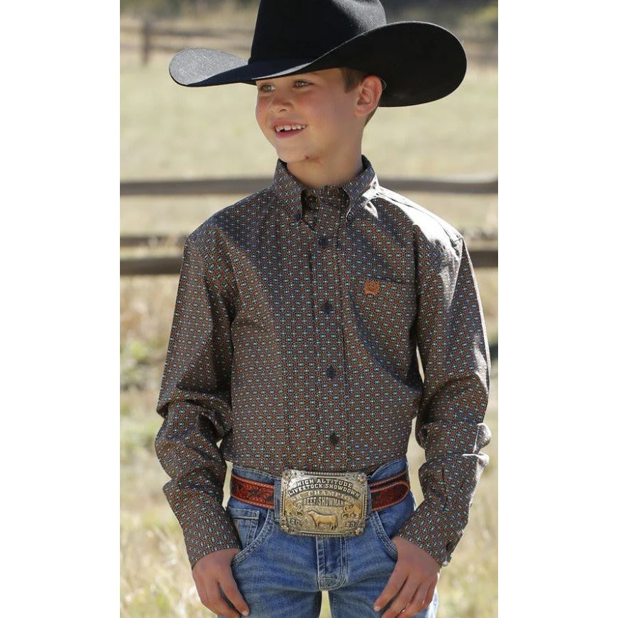 Cinch Boy's Long Sleeve Patterned Shirt- Brown