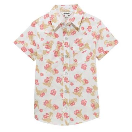Wrangler Girl's Short Sleeve Western Shirt- White/Coral
