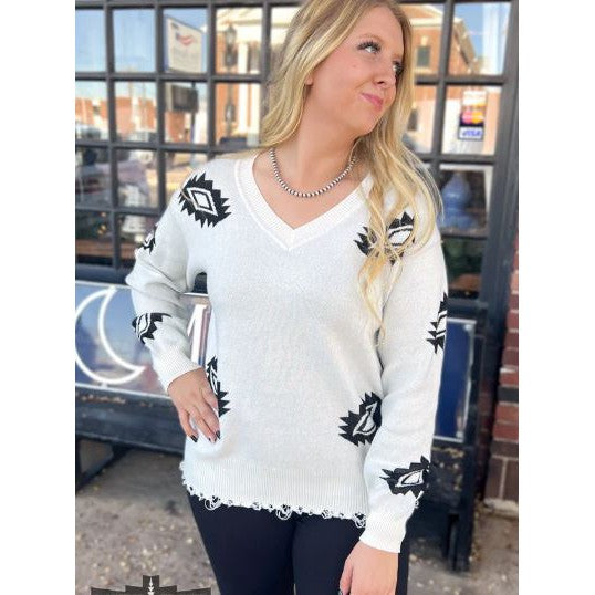 Rowdy Crowd Women's Long Sleeve Silverton Aztec Sweater- White