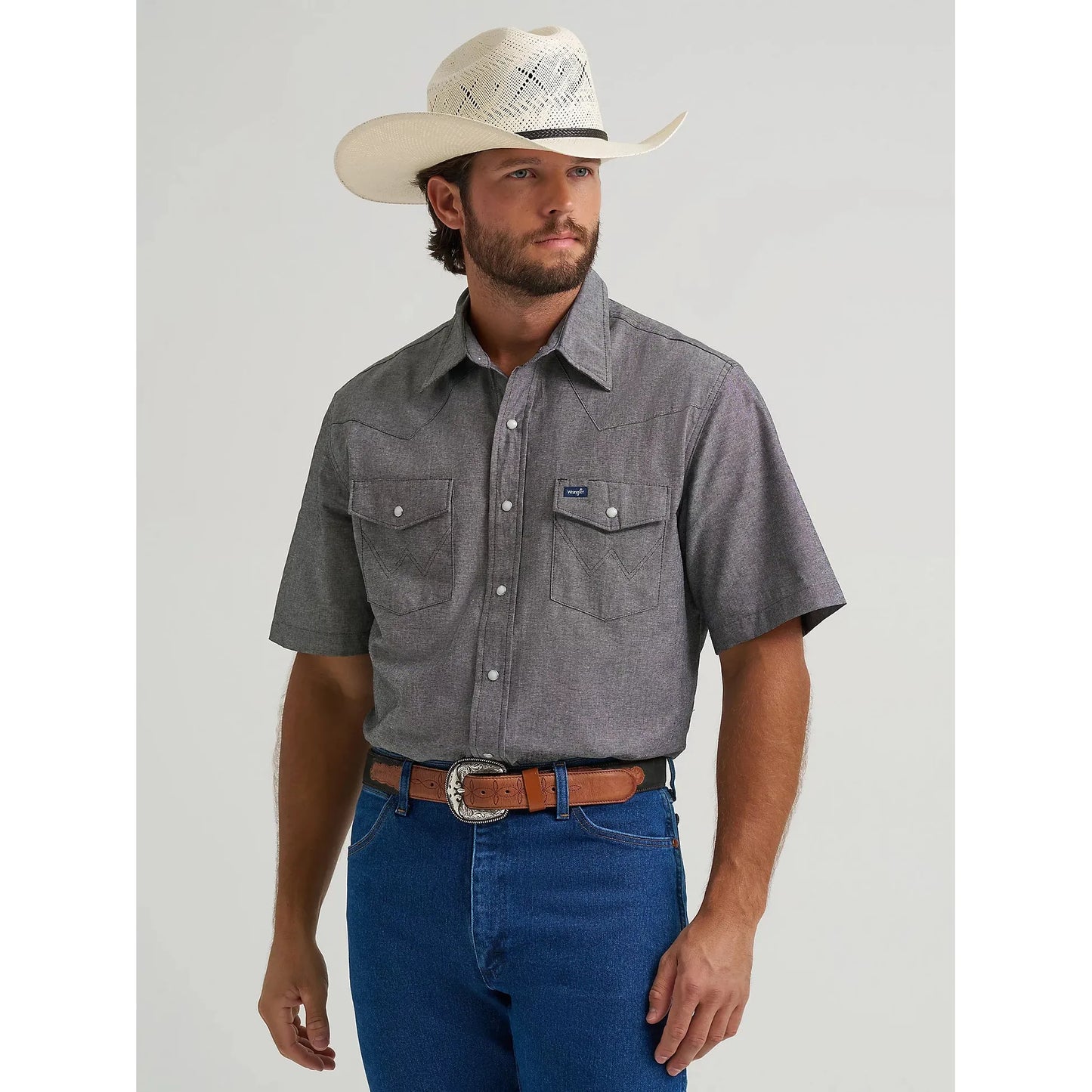 Wrangler Men's Chambray Short Sleeve Workshirt- Charcoal - Irvine Tack & Western Wear