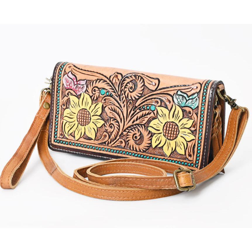 American Darling Hand Tooled Purse - Freda - Pink and Blue Trim