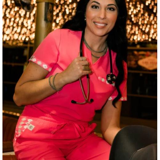 Spurrin' Scrubs Aztec Scrub Top- Hot Pink