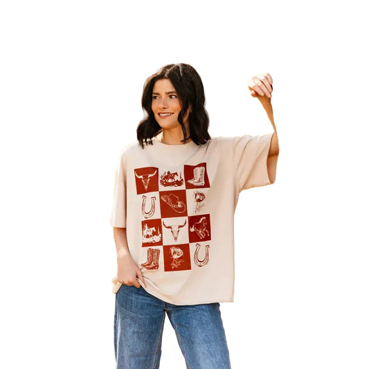 Southern Grace Apparel Women's Checkered Elements Boxy Tee - Beige