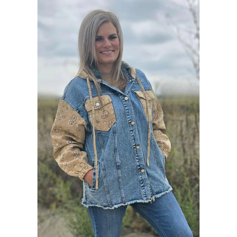 Sterling Kreek Women's Bandana Country Denim Shacket- Blue/Tan