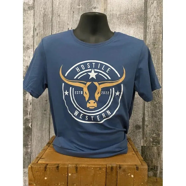 Hostile Western Men's Short Sleeve Tee Shirt- Blue