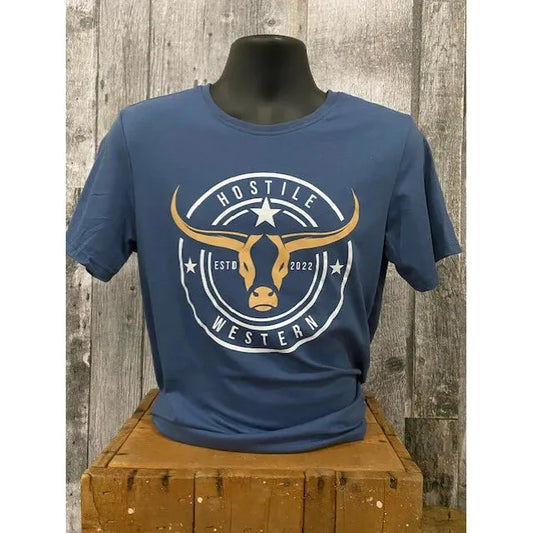 Hostile Western Men's Short Sleeve Tee Shirt- Blue