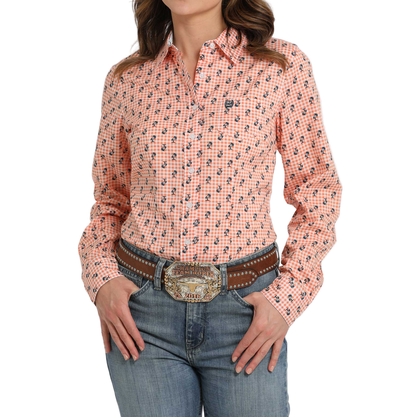 Cinch Women's Long Sleeve Print Shirt- Orange