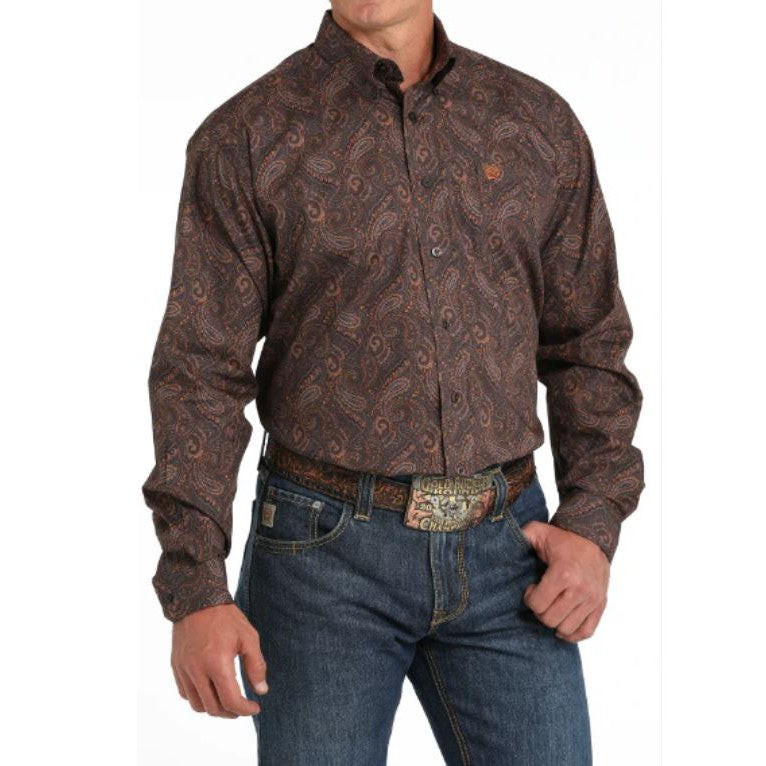 Cinch Men's Long Sleeve Paisley Print Western Shirt- Brown