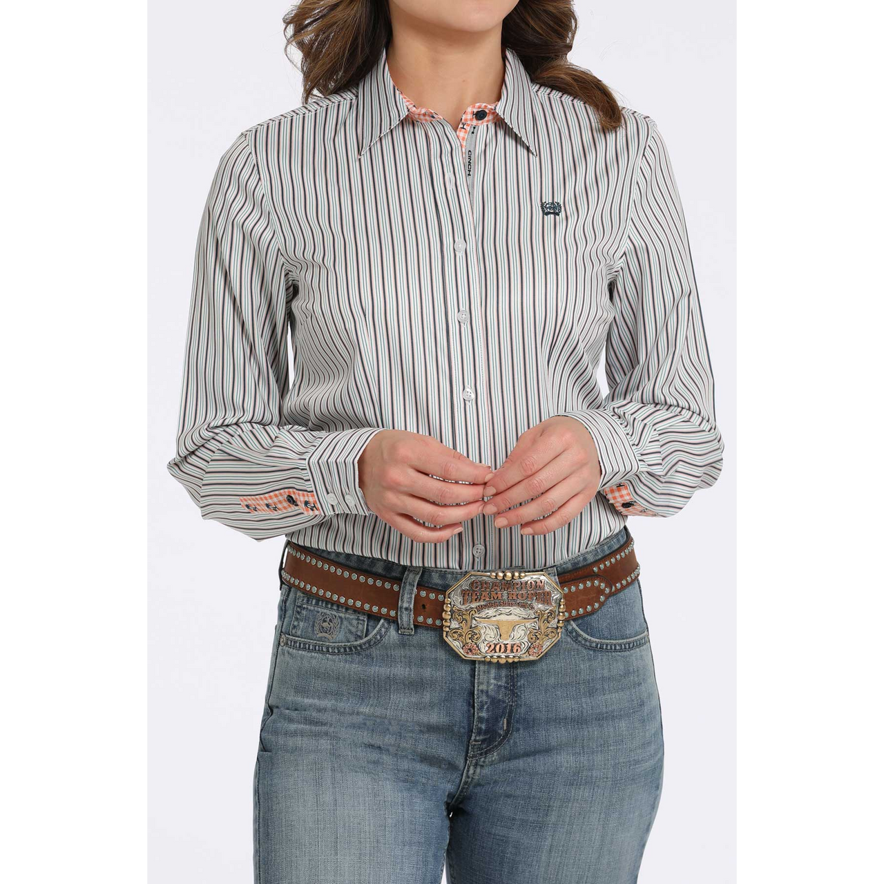 Cinch Women's Long Sleeve Stripe Shirt- White