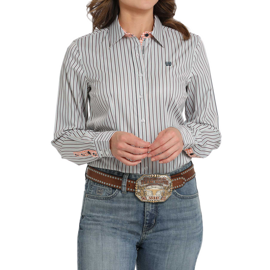 Cinch Women's Long Sleeve Stripe Shirt- White