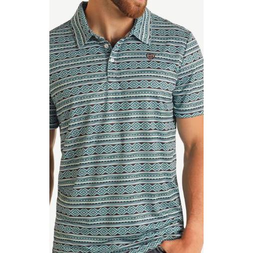 Rock & Roll Boy's Short Sleeve Aztec Printed Polo -Teal