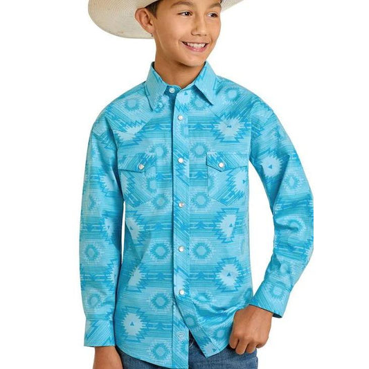 Rock & Roll Boy's Long Sleeve Cowboy Snap Front Western Shirt- Turquoise