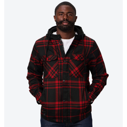 FieldSheer Men's Flannel Heated Hoodie Jacket- Black/Red