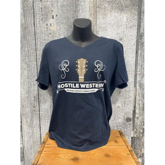 Hostile Western Women's Short Sleeve V Neck Tee Shirt- Blue