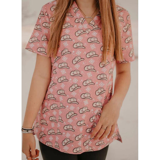 Spurrin' Scrubs Pink Cowboy Hat Scrub Top