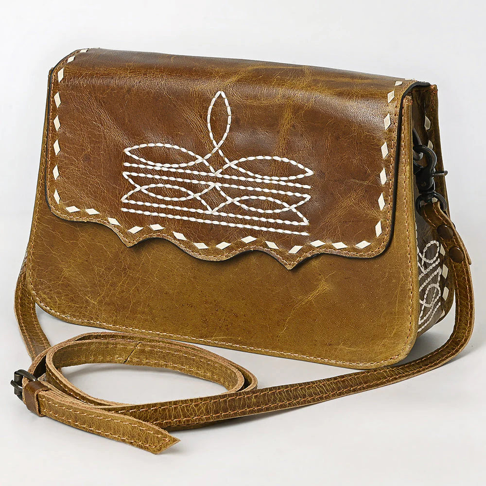 American Darling Distressed Leather Crossbody Gag with White Whipstitch Embroidery