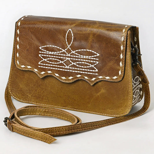 American Darling Distressed Leather Crossbody Gag with White Whipstitch Embroidery